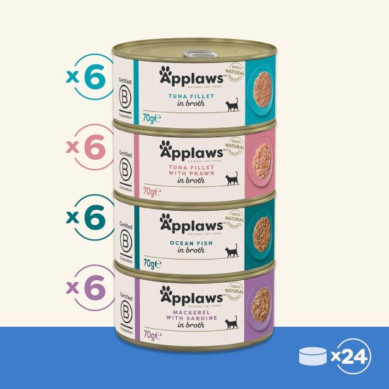 Applaws 100% Natural Premium Wet Food for Cats, Fish Selection Multipack in Broth - Pack of 24 x 70g Cans Applaws 100% Natural Premium Wet Food for Cats, Fish Selection Multipack in Broth - Pack of 24 x 70g Cans