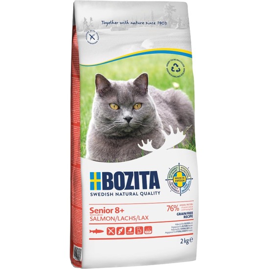 Bozita Grain Free Cat Dry Food with Salmon - 2 kg - Grain-Free Dry Food for Sensitive Senior Cats from 8 Years - 33% Protein, 12% Fat - No Sugar & GMO - From Sweden Bozita Grain Free Cat Dry Food with Salmon - 2 kg - Grain-Free Dry Food for Sensitive Senior Cats from 8 Years - 33% Protein, 12% Fat - No Sugar & GMO - From Sweden