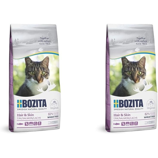 Bozita Hair & Skin Cat Dry Food with Salmon - 400g - Wheat Free Dry Food for Sensitive Adult Cats - 34% Protein, 10% Fat - For Skin & Coat - No Sugar & GMO Bozita Hair & Skin Cat Dry Food with Salmon - 400g - Wheat Free Dry Food for Sensitive Adult Cats - 34% Protein, 10% Fat - For Skin & Coat - No Sugar & GMO