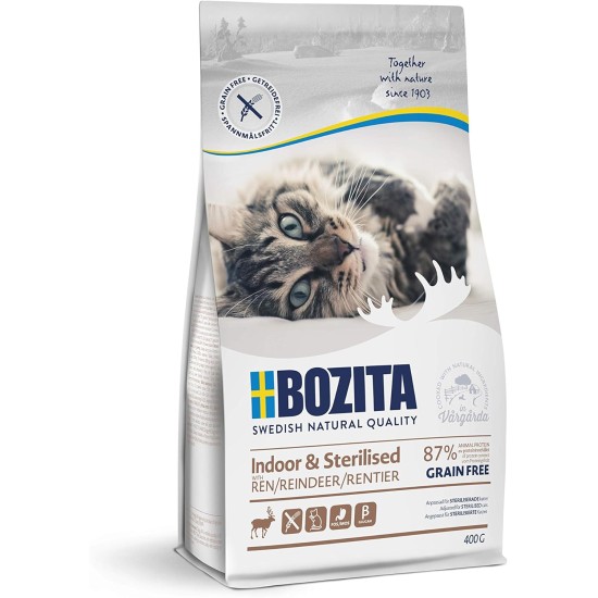 Bozita Indoor & Sterilised Cat Dry Food with Reindeer - 400g - Wheat Cat Food for Sterilised Domestic Cats - 33% Protein, 14% Fat - GMO Free, Complete Food Bozita Indoor & Sterilised Cat Dry Food with Reindeer - 400g - Wheat Cat Food for Sterilised Domestic Cats - 33% Protein, 14% Fat - GMO Free, Complete Food