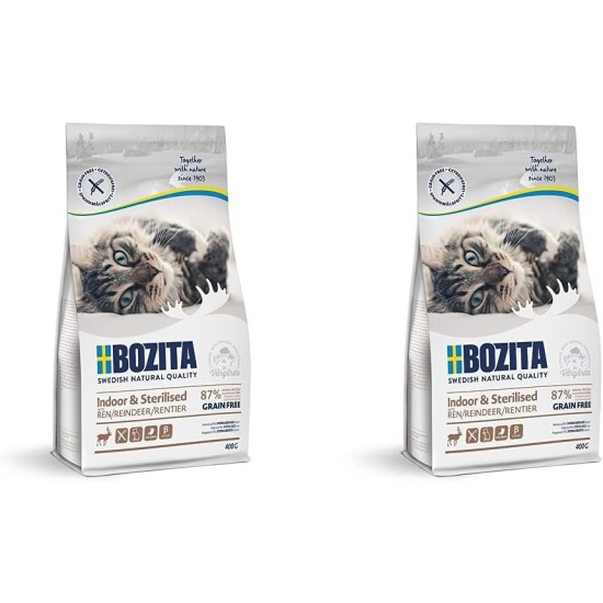 Bozita Indoor & Sterilised Cat Dry Food with Reindeer - 400g - Wheat Cat Food for Sterilised Domestic Cats - 33% Protein, 14% Fat - GMO Free, Complete Food Bozita Indoor & Sterilised Cat Dry Food with Reindeer - 400g - Wheat Cat Food for Sterilised Domestic Cats - 33% Protein, 14% Fat - GMO Free, Complete Food