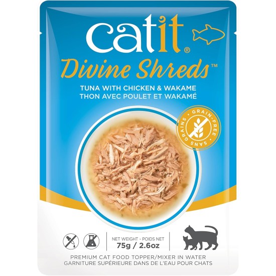 Catit Divine Shreds, Premium Cat Food, Dry Food Topping, Topping for Dry Food, with Tuna with Chicken Meat and Wakame, Pack of 1, 75 g Catit Divine Shreds, Premium Cat Food, Dry Food Topping, Topping for Dry Food, with Tuna with Chicken Meat and Wakame, Pack of 1, 75 g