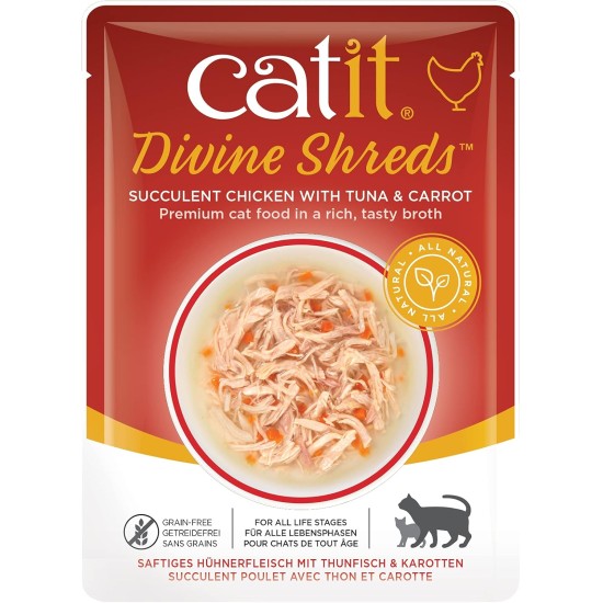 Catit Divine Shreds, Premium Cat Food, Dry Food Topping, Topping for Dry Food, with Tuna with Chicken Meat and Wakame, Pack of 1, 75 g Catit Divine Shreds, Premium Cat Food, Dry Food Topping, Topping for Dry Food, with Tuna with Chicken Meat and Wakame, Pack of 1, 75 g