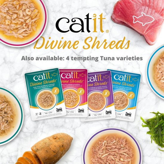 Catit Divine Shreds, Premium Cat Food, Dry Food Topping, Topping for Dry Food, with Tuna with Chicken Meat and Wakame, Pack of 1, 75 g Catit Divine Shreds, Premium Cat Food, Dry Food Topping, Topping for Dry Food, with Tuna with Chicken Meat and Wakame, Pack of 1, 75 g