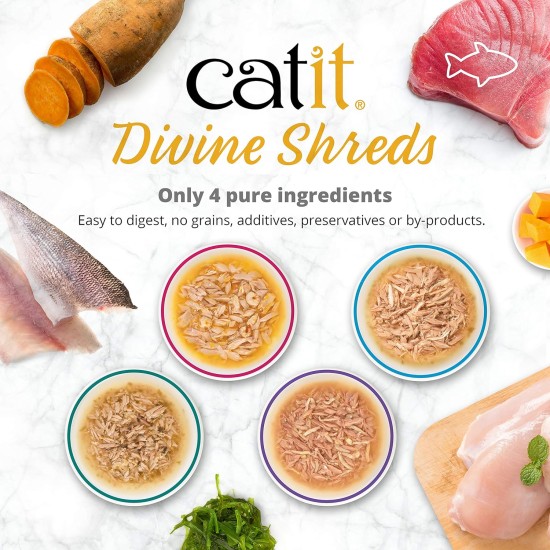 Catit Divine Shreds, Premium Cat Food, Dry Food Topping, Topping for Dry Food, with Tuna with Chicken Meat and Wakame, Pack of 1, 75 g Catit Divine Shreds, Premium Cat Food, Dry Food Topping, Topping for Dry Food, with Tuna with Chicken Meat and Wakame, Pack of 1, 75 g
