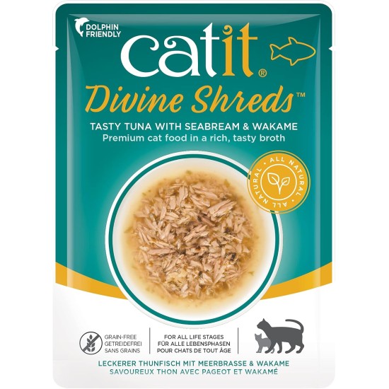 Catit Divine Shreds, Premium Cat Food, Dry Food Topping, Topping for Dry Food, with Tuna with Chicken Meat and Wakame, Pack of 1, 75 g Catit Divine Shreds, Premium Cat Food, Dry Food Topping, Topping for Dry Food, with Tuna with Chicken Meat and Wakame, Pack of 1, 75 g