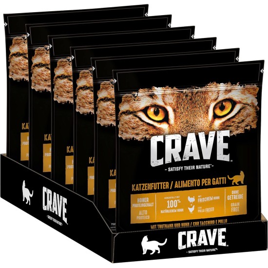 Crave Adult Dry Food with Turkey & Chicken, 6 Bags, 6 x 750 g, Premium Dry Cat Food with High Protein Content and Grain-Free, Made with 100% Natural Chicken Crave Adult Dry Food with Turkey & Chicken, 6 Bags, 6 x 750 g, Premium Dry Cat Food with High Protein Content and Grain-Free, Made with 100% Natural Chicken