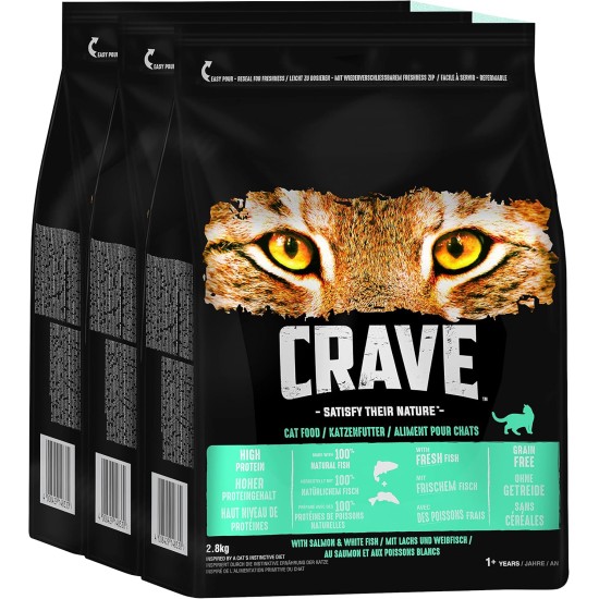 Crave Premium Dry Food with Salmon & White Fish for Cats - Grain-Free Adult Cat Food with High Protein Content - 3 x 2.8 kg Crave Premium Dry Food with Salmon & White Fish for Cats - Grain-Free Adult Cat Food with High Protein Content - 3 x 2.8 kg