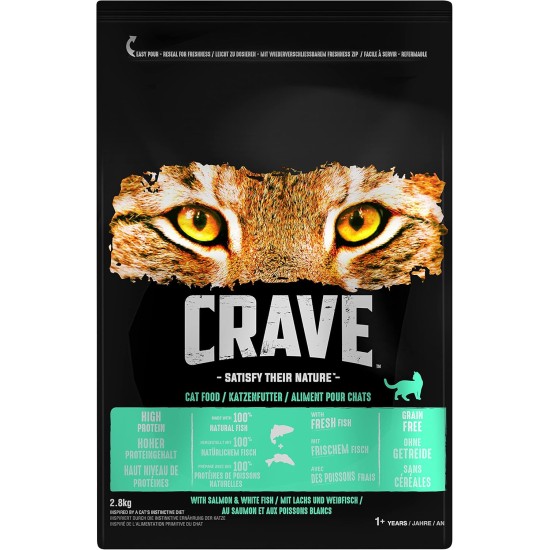 Crave Premium Dry Food with Salmon & White Fish for Cats - Grain-Free Adult Cat Food with High Protein Content - 3 x 2.8 kg Crave Premium Dry Food with Salmon & White Fish for Cats - Grain-Free Adult Cat Food with High Protein Content - 3 x 2.8 kg