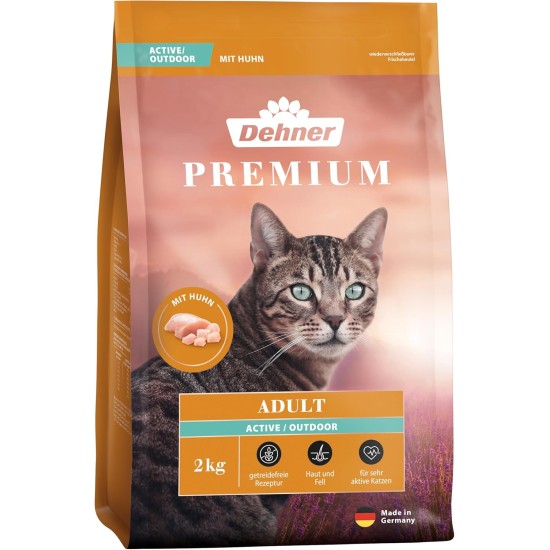 Dehner Premium Cat Food Active/Outdoor, Dry Food, Grain-Free, for Adult Outdoor Cats, Chicken, 2 kg Dehner Premium Cat Food Active/Outdoor, Dry Food, Grain-Free, for Adult Outdoor Cats, Chicken, 2 kg