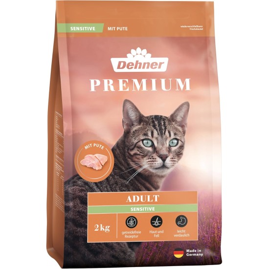 Dehner Premium Cat Food Sensitive Dry Food Grain-Free for Adult Nutritionally Sensitive Cats, Turkey, 2 kg Dehner Premium Cat Food Sensitive Dry Food Grain-Free for Adult Nutritionally Sensitive Cats, Turkey, 2 kg
