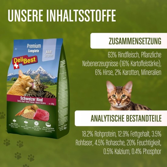 DeliBest Adult Sensitive Complete Cat Beef I Semi-Moist Cat Food for Cats Adult I Made from 100% Swiss Beef I Grain-Free & No Other Additives I Cat Food Cold Pressed I 600 g DeliBest Adult Sensitive Complete Cat Beef I Semi-Moist Cat Food for Cats Adult I Made from 100% Swiss Beef I Grain-Free & No Other Additives I Cat Food Cold Pressed I 600 g