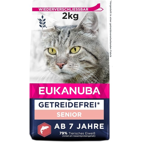 Eukanuba Senior Katzenfutter trocken getreidefrei - Premium Trockenfutter mit viel Lachs für ältere Katzen, 2kg Eukanuba Senior Katzenfutter trocken getreidefrei - Premium Trockenfutter mit viel Lachs für ältere Katzen, 2kg