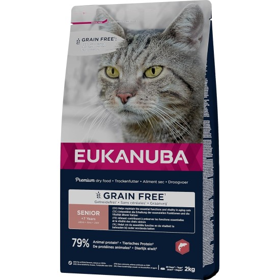 Eukanuba Senior Katzenfutter trocken getreidefrei - Premium Trockenfutter mit viel Lachs für ältere Katzen, 2kg Eukanuba Senior Katzenfutter trocken getreidefrei - Premium Trockenfutter mit viel Lachs für ältere Katzen, 2kg