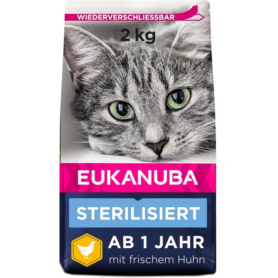 Eukanuba Sterilised Cat Food - Low-Fat Premium Dry Food for Weight Maintenance in Sterilised / Castrated Cats, 2 kg Eukanuba Sterilised Cat Food - Low-Fat Premium Dry Food for Weight Maintenance in Sterilised / Castrated Cats, 2 kg