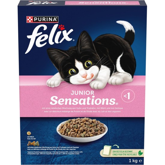 Felix Junior Sensations Dry Cat Food, Chicken and Turkey, with Milk and Vegetables, Pack of 5 (5 x 1 kg) Felix Junior Sensations Dry Cat Food, Chicken and Turkey, with Milk and Vegetables, Pack of 5 (5 x 1 kg)