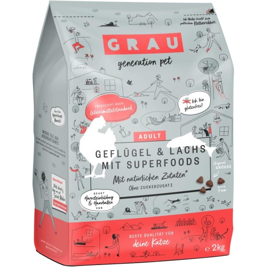 GRAU The Original Dry Food for Cats, Poultry & Salmon with Superfoods, 1 Pack (1 x 2 kg), Gluten-Free, for Adult Cats GRAU The Original Dry Food for Cats, Poultry & Salmon with Superfoods, 1 Pack (1 x 2 kg), Gluten-Free, for Adult Cats
