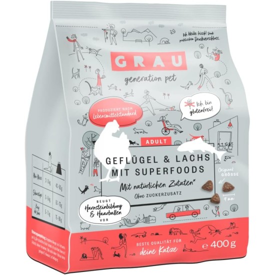 GRAU The Original Dry Food for Cats, Poultry & Salmon with Superfoods, 1 Pack (1 x 400 g), Gluten-Free, for Adult Cats GRAU The Original Dry Food for Cats, Poultry & Salmon with Superfoods, 1 Pack (1 x 400 g), Gluten-Free, for Adult Cats