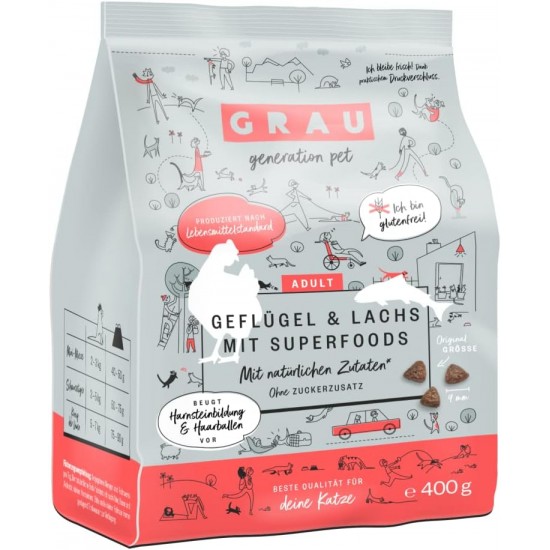 GRAU The Original Dry Food for Cats, Poultry & Salmon with Superfoods, 1 Pack (1 x 400 g), Gluten-Free, for Adult Cats GRAU The Original Dry Food for Cats, Poultry & Salmon with Superfoods, 1 Pack (1 x 400 g), Gluten-Free, for Adult Cats