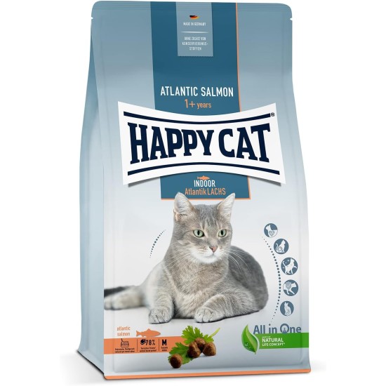 Happy Cat 70588 - Indoor Adult Atlantik Salmon - Dry Cat Food for Adult Cats and Hangovers - 1.3 kg Content Happy Cat 70588 - Indoor Adult Atlantik Salmon - Dry Cat Food for Adult Cats and Hangovers - 1.3 kg Content