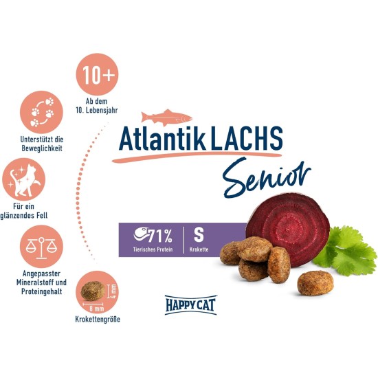 Happy Cat 70610 Senior Atlantik Salmon Dry Cat Food for Seniors from 8 Years of Age 300 g Content Happy Cat 70610 Senior Atlantik Salmon Dry Cat Food for Seniors from 8 Years of Age 300 g Content