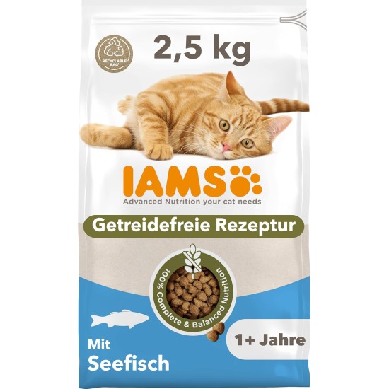 IAMS Cat Food Grain-Free with Fish - Dry Food for Adult Cats from 1 Year Old, 2.5 kg