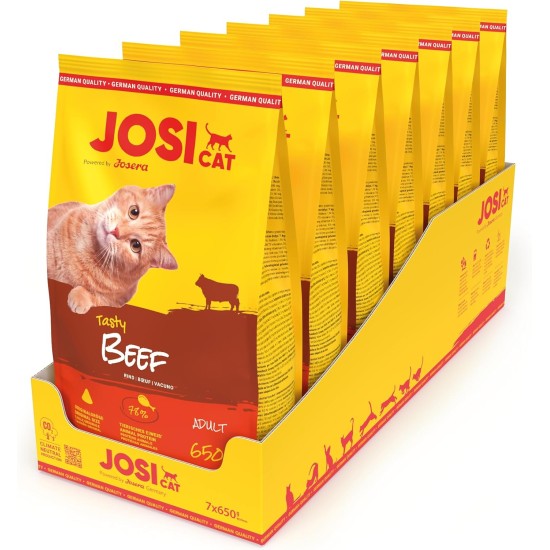 JosiCat Tasty Beef (7 x 650 g) | Adult | Premium Dry Food for Cats | with Hearty Beef - Very Well Tolerated Formula | Powered by Josera | Cat Food | Complete Food | Pack of 7 JosiCat Tasty Beef (7 x 650 g) | Adult | Premium Dry Food for Cats | with Hearty Beef - Very Well Tolerated Formula | Powered by Josera | Cat Food | Complete Food | Pack of 7