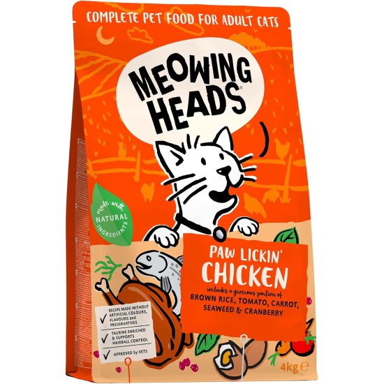Meowing Heads Dry Cat Food - Paw Lickin' Chicken - 100% Natural Chicken and Fish with No Artificial Flavours, Good for Healthy Digestion, 4 kg Meowing Heads Dry Cat Food - Paw Lickin' Chicken - 100% Natural Chicken and Fish with No Artificial Flavours, Good for Healthy Digestion, 4 kg