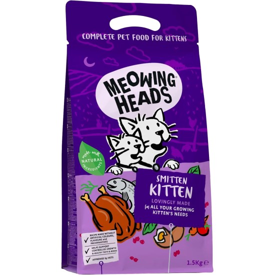Meowing Heads Dry Cat Food for Kittens - Smitten Kitten - 100% Natural Fish and Chicken with No Artificial Flavours, Good for Healthy Brain Development, 1.5 kg Meowing Heads Dry Cat Food for Kittens - Smitten Kitten - 100% Natural Fish and Chicken with No Artificial Flavours, Good for Healthy Brain Development, 1.5 kg