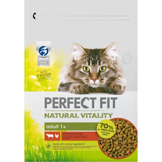 PERFECT FIT Natural Vitality Cat Food Dry Food Adult 1+ - Beef and Chicken, 6 x 650 g PERFECT FIT Natural Vitality Cat Food Dry Food Adult 1+ - Beef and Chicken, 6 x 650 g