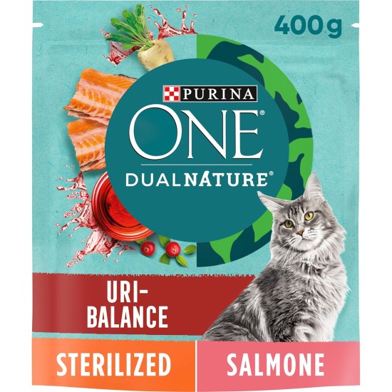PURINA ONE DUALNATURE Sterilized Dry Cat Food Rich in Salmon and Natural Spirulina 8 Bags of 400g PURINA ONE DUALNATURE Sterilized Dry Cat Food Rich in Salmon and Natural Spirulina 8 Bags of 400g