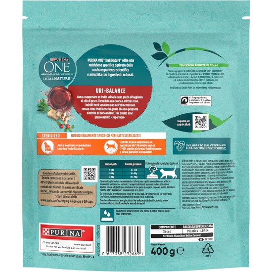 PURINA ONE DUALNATURE Sterilized Dry Cat Food Rich in Salmon and Natural Spirulina 8 Bags of 400g PURINA ONE DUALNATURE Sterilized Dry Cat Food Rich in Salmon and Natural Spirulina 8 Bags of 400g