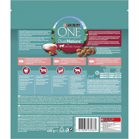 PURINA ONE DUALNATURE Sterilized Dry Cat Food Rich in Salmon and Natural Spirulina 8 Bags of 400g PURINA ONE DUALNATURE Sterilized Dry Cat Food Rich in Salmon and Natural Spirulina 8 Bags of 400g
