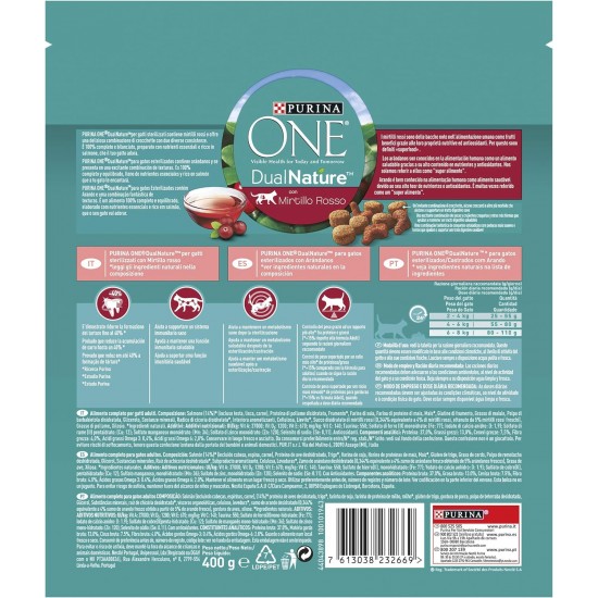 PURINA ONE DUALNATURE Sterilized Dry Cat Food Rich in Salmon and Natural Spirulina 8 Bags of 400g PURINA ONE DUALNATURE Sterilized Dry Cat Food Rich in Salmon and Natural Spirulina 8 Bags of 400g