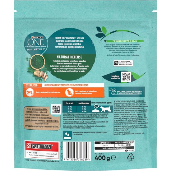 PURINA ONE DUALNATURE Sterilized Dry Cat Food Rich in Salmon and Natural Spirulina 8 Bags of 400g PURINA ONE DUALNATURE Sterilized Dry Cat Food Rich in Salmon and Natural Spirulina 8 Bags of 400g