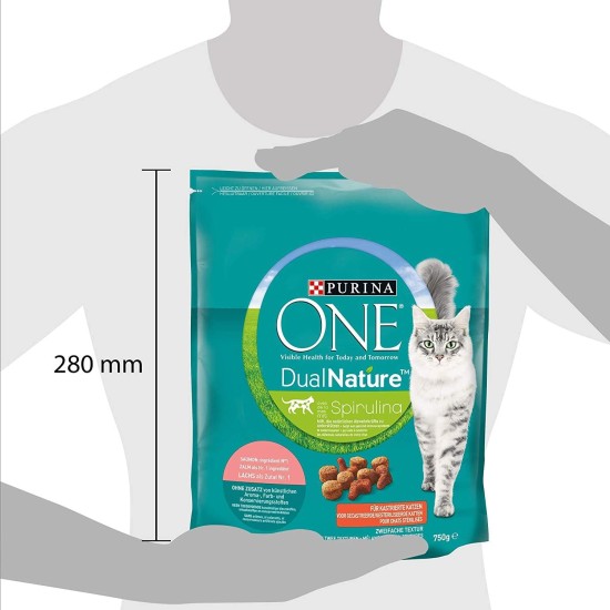 PURINA ONE Dual Nature Dry Cat Food for Castrated Cats with Spirulina, Rich in Salmon, Pack of 6 (6 x 650 g) PURINA ONE Dual Nature Dry Cat Food for Castrated Cats with Spirulina, Rich in Salmon, Pack of 6 (6 x 650 g)