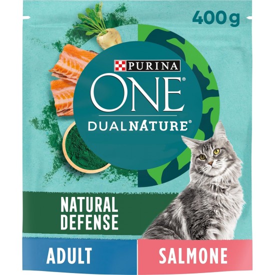 PURINA ONE Dualnature Natural Defense Adult Cat Dry Food with Salmon and Natural Spirulina, 8 Bags of 400 g PURINA ONE Dualnature Natural Defense Adult Cat Dry Food with Salmon and Natural Spirulina, 8 Bags of 400 g