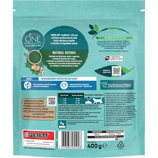PURINA ONE Dualnature Natural Defense Adult Cat Dry Food with Salmon and Natural Spirulina, 8 Bags of 400 g PURINA ONE Dualnature Natural Defense Adult Cat Dry Food with Salmon and Natural Spirulina, 8 Bags of 400 g