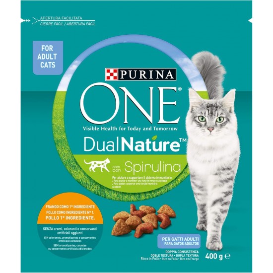 PURINA ONE Dualnature Natural Defense Adult Cat Dry Food with Salmon and Natural Spirulina, 8 Bags of 400 g PURINA ONE Dualnature Natural Defense Adult Cat Dry Food with Salmon and Natural Spirulina, 8 Bags of 400 g