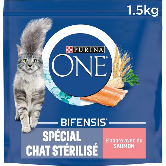 Purina One: Sterilised Cat One Dry Food with Salmon, Tuna and Wheat: 1.5 kg, Pack of 6 (6 x 1.5 kg, Total 9 kg) Purina One: Sterilised Cat One Dry Food with Salmon, Tuna and Wheat: 1.5 kg, Pack of 6 (6 x 1.5 kg, Total 9 kg)