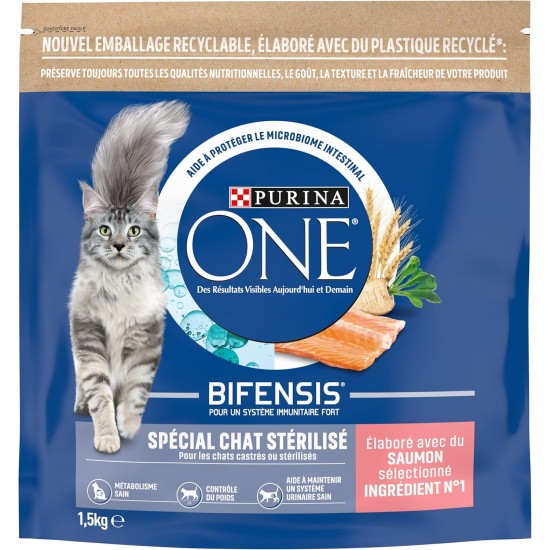 Purina One: Sterilised Cat One Dry Food with Salmon, Tuna and Wheat: 1.5 kg, Pack of 6 (6 x 1.5 kg, Total 9 kg) Purina One: Sterilised Cat One Dry Food with Salmon, Tuna and Wheat: 1.5 kg, Pack of 6 (6 x 1.5 kg, Total 9 kg)