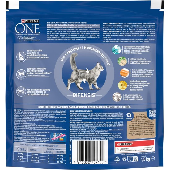 Purina One: Sterilised Cat One Dry Food with Salmon, Tuna and Wheat: 1.5 kg, Pack of 6 (6 x 1.5 kg, Total 9 kg) Purina One: Sterilised Cat One Dry Food with Salmon, Tuna and Wheat: 1.5 kg, Pack of 6 (6 x 1.5 kg, Total 9 kg)