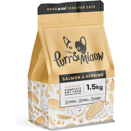 Purr & Miaow - Grain-Free Complete Dry Food for Sensitive Cats, Salmon & Herring, 1.5 kg Purr & Miaow - Grain-Free Complete Dry Food for Sensitive Cats, Salmon & Herring, 1.5 kg