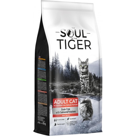 The Soul of the Tiger - Dry Food for Adult Cats, Grain Free with Salmon and Potatoes, for Castrated Cats, Gentle Formula, 8 kg The Soul of the Tiger - Dry Food for Adult Cats, Grain Free with Salmon and Potatoes, for Castrated Cats, Gentle Formula, 8 kg