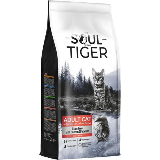 The Soul of the Tiger - Dry Food for Adult Cats, Grain Free with Salmon and Potatoes, for Castrated Cats, Gentle Formula, 8 kg The Soul of the Tiger - Dry Food for Adult Cats, Grain Free with Salmon and Potatoes, for Castrated Cats, Gentle Formula, 8 kg