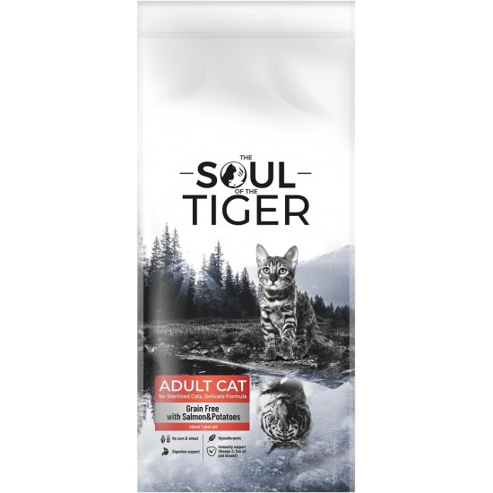 The Soul of the Tiger - Dry Food for Adult Cats, Grain Free with Salmon and Potatoes, for Castrated Cats, Gentle Formula, 8 kg The Soul of the Tiger - Dry Food for Adult Cats, Grain Free with Salmon and Potatoes, for Castrated Cats, Gentle Formula, 8 kg