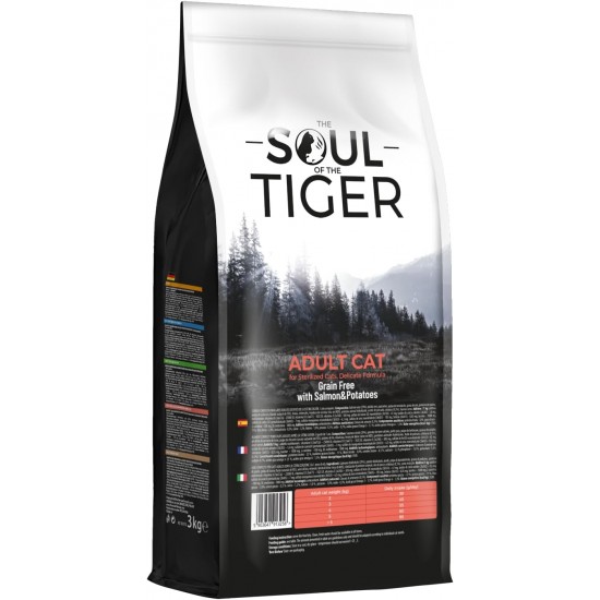 The Soul of the Tiger - Dry Food for Adult Cats, Grain Free with Salmon and Potatoes, for Castrated Cats, Gentle Formula, 8 kg The Soul of the Tiger - Dry Food for Adult Cats, Grain Free with Salmon and Potatoes, for Castrated Cats, Gentle Formula, 8 kg