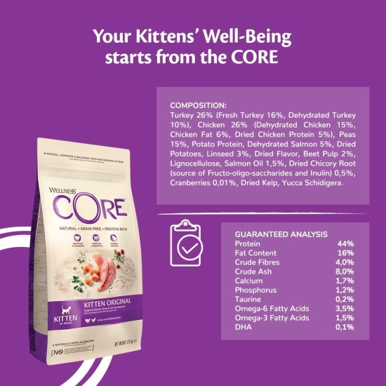Wellness CORE Dry Cat Food, Grain Free, High Meat Percentage, No Artificial Additives, Various Sizes and Varieties, Kitten Wellness CORE Dry Cat Food, Grain Free, High Meat Percentage, No Artificial Additives, Various Sizes and Varieties, Kitten