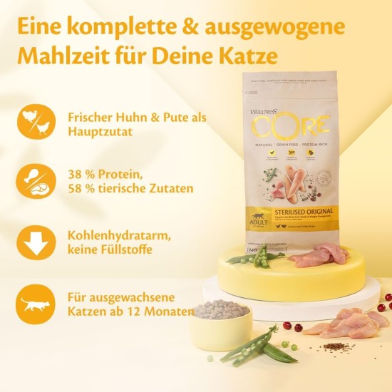 Wellness Core Sterilised Original Dry Cat Food for Sterilised Cats, Grain Free, High Meat Content, Turkey and Chicken 4 kg Wellness Core Sterilised Original Dry Cat Food for Sterilised Cats, Grain Free, High Meat Content, Turkey and Chicken 4 kg