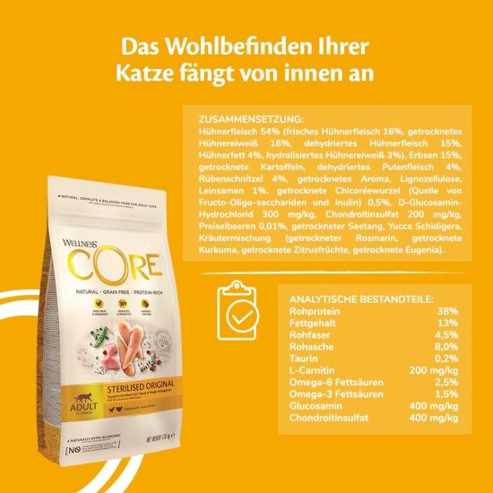 Wellness Core Sterilised Original Dry Cat Food for Sterilised Cats, Grain Free, High Meat Content, Turkey and Chicken 4 kg Wellness Core Sterilised Original Dry Cat Food for Sterilised Cats, Grain Free, High Meat Content, Turkey and Chicken 4 kg